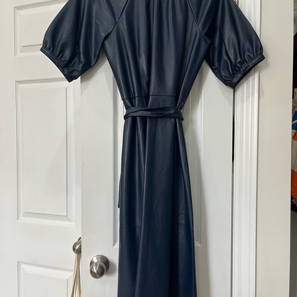 Ann Taylor Navy Faux-Leather Button-Front Midi Dress with Tie Waist - Picture 3 of 8